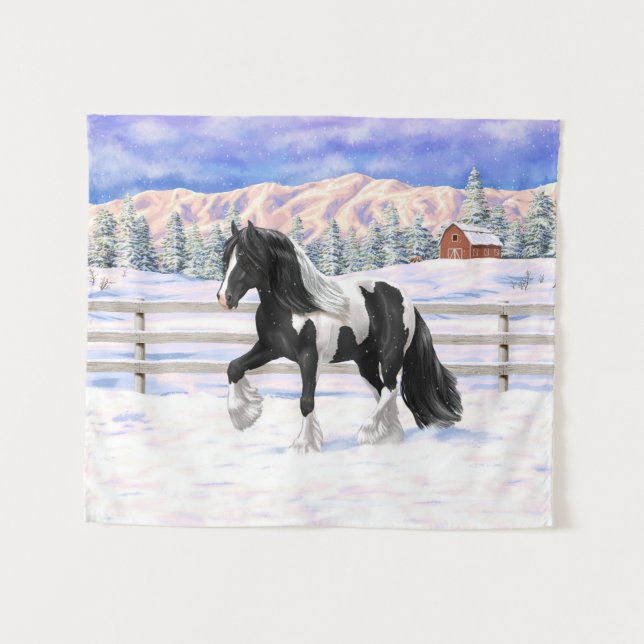 Black Pinto Piebald Gypsy Vanner Draught Horse Tapestry (Front (Horizontal))