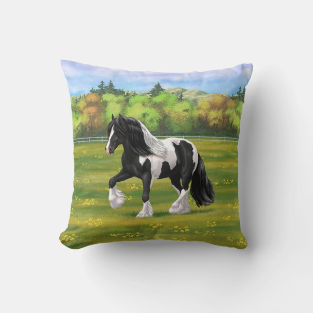 Black Pinto Piebald Gypsy Vanner Draught Horse Throw Pillow (Front)