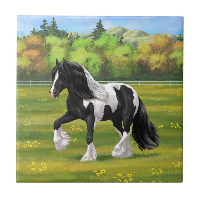 Black Pinto Piebald Gypsy Vanner Draught Horse Tile (Front)