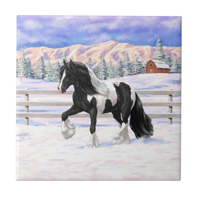 Black Pinto Piebald Gypsy Vanner Draught Horse Tile (Front)