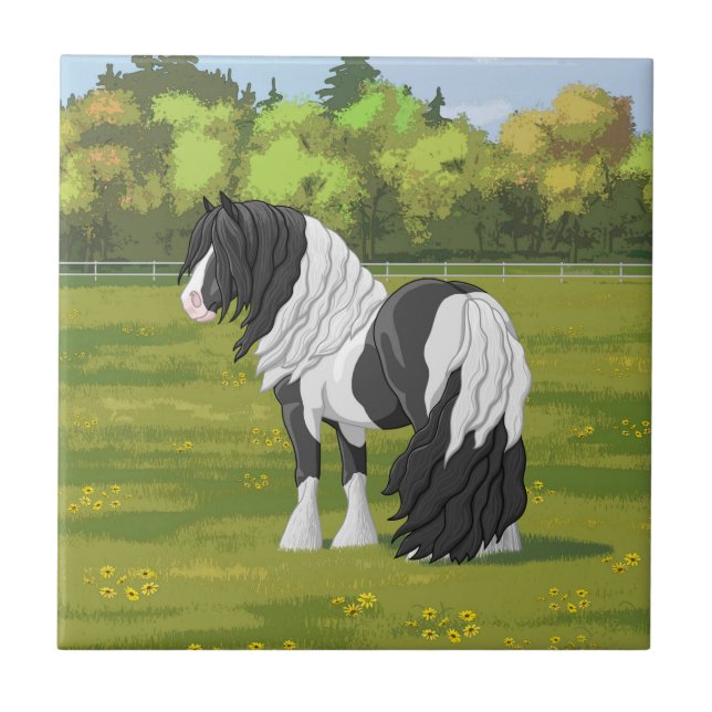 Black Pinto Piebald Gypsy Vanner Draught Horse Tile (Front)