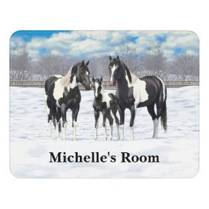 Black Pinto Quarter Horse Paint Horses In Snow Door Sign