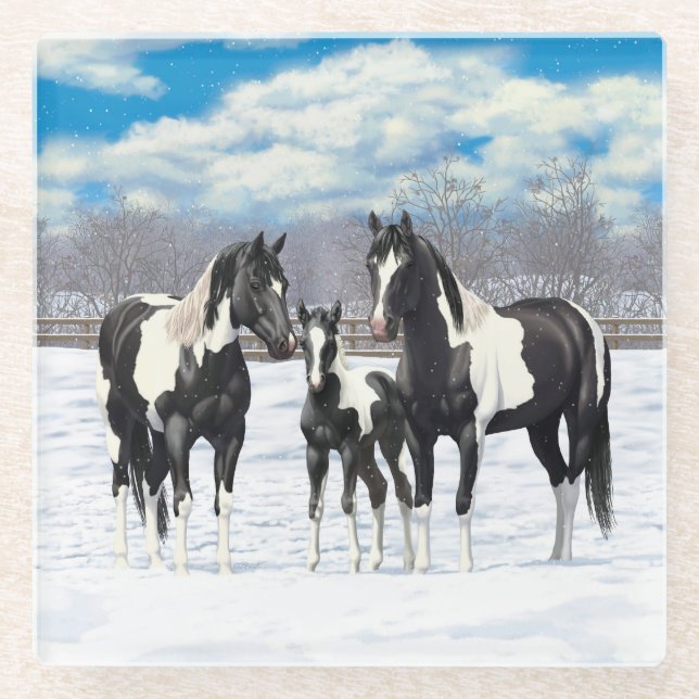 Black Pinto Quarter Horse Paint Horses In Snow Glass Coaster (Front)