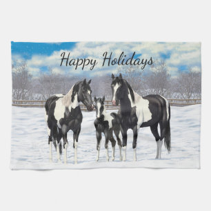 Black Pinto Quarter Horse Paint Horses In Snow Kitchen Towel