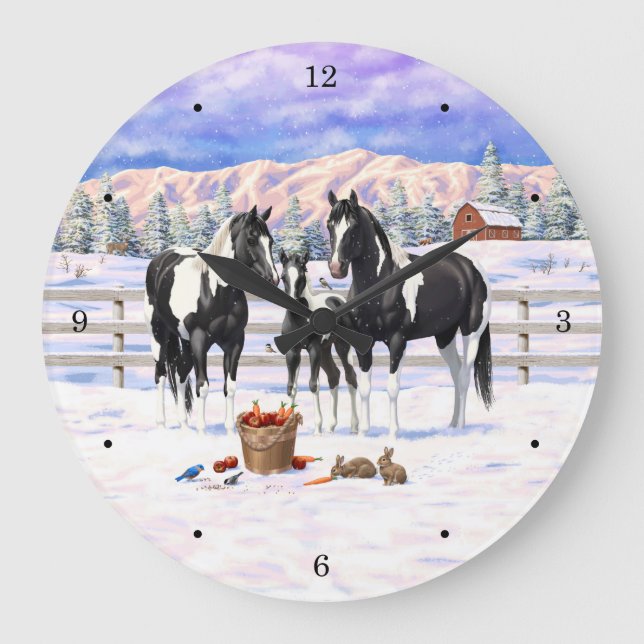 Black Pinto Quarter Horse Paint Horses In Snow Large Clock (Front)