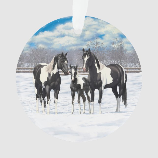 Black Pinto Quarter Horse Paint Horses In Snow Ornament (Front)