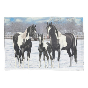Black Pinto Quarter Horse Paint Horses In Snow Pillowcase
