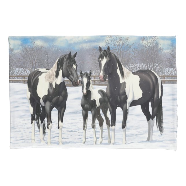 Black Pinto Quarter Horse Paint Horses In Snow Pillowcase (Front-Left)