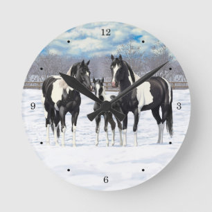 Black Pinto Quarter Horse Paint Horses In Snow Round Clock