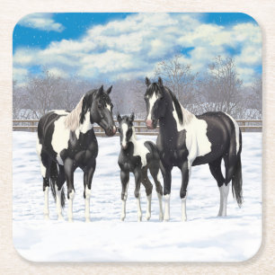 Black Pinto Quarter Horse Paint Horses In Snow Square Paper Coaster