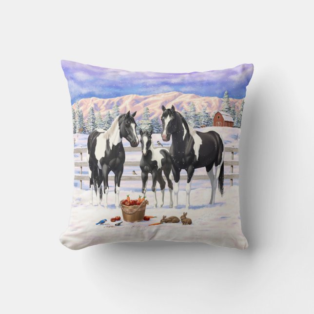 Black Pinto Quarter Horse Paint Horses In Snow Throw Pillow (Front)