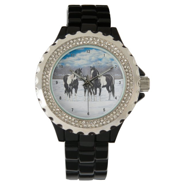 Black Pinto Quarter Horse Paint Horses In Snow Watch (Front)