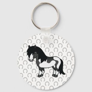 Black Pinto Shetland Pony Cartoon Illustration Keychain
