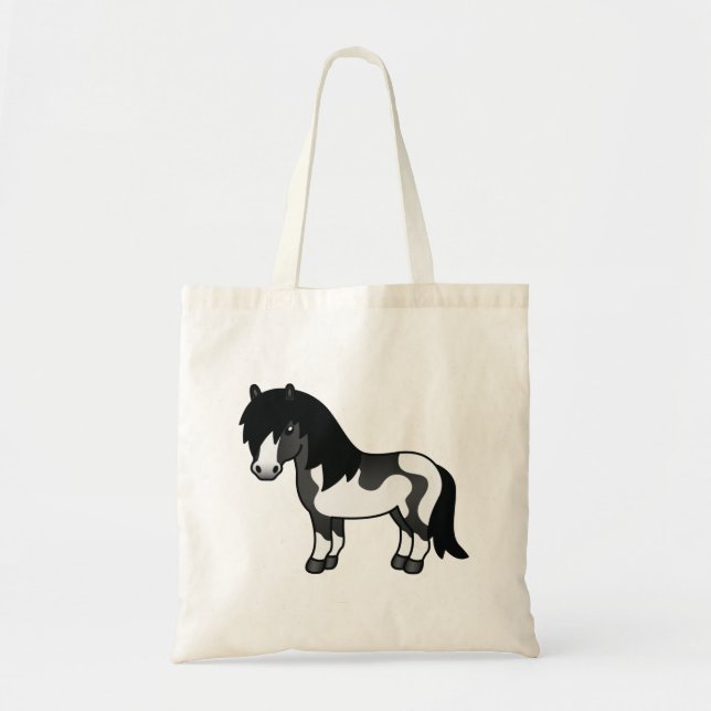 Black Pinto Shetland Pony Cartoon Illustration Tote Bag (Front)