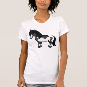 Black Pinto Shetland Pony Cute Cartoon Drawing T-Shirt