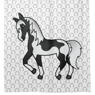 Black Pinto Trotting Horse Cartoon Illustration