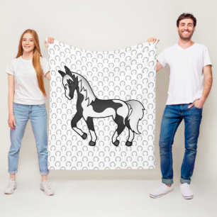 Black Pinto Trotting Horse Cartoon Illustration Fleece Blanket