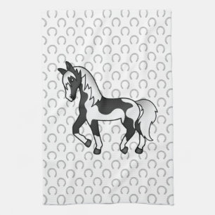 Black Pinto Trotting Horse Cartoon Illustration Kitchen Towel
