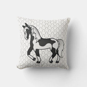 Black Pinto Trotting Horse Cartoon Illustration Throw Pillow