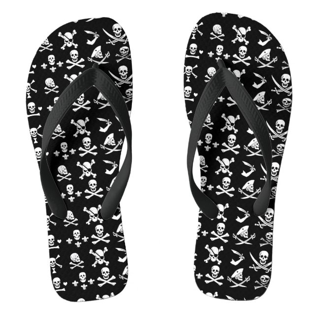 BLACK PIRATE BANNERS SKULL,CROSSED BONES,SWORDS FLIP FLOPS (Footbed)