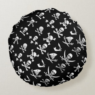 BLACK PIRATE BANNERS SKULL,CROSSED BONES,SWORDS ROUND PILLOW