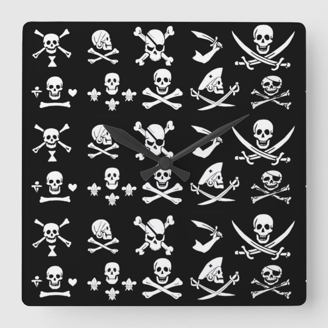 BLACK PIRATE BANNERS SKULL,CROSSED BONES,SWORDS SQUARE WALL CLOCK (Front)