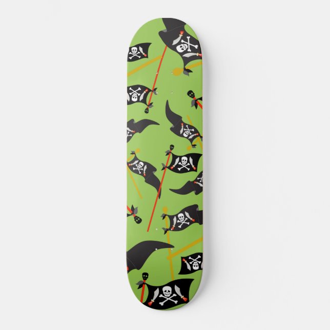 Black Pirate Flag Skulls White Bones Raiding Skateboard (Front)