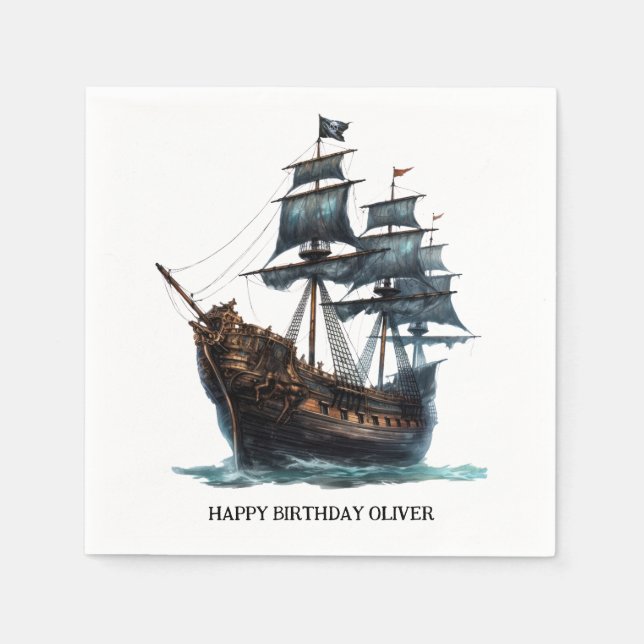 Black Pirate Ship Birthday Napkin (Front)