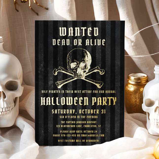 Black Pirate Skull & Bones Halloween Party Gold (Black Pirate Skull & Bones Halloween Party Gold Foil Invitation)