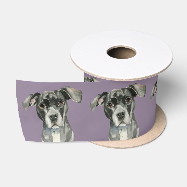 Black Pit Bull Dog Watercolor Portrait Satin Ribbon (Spool)