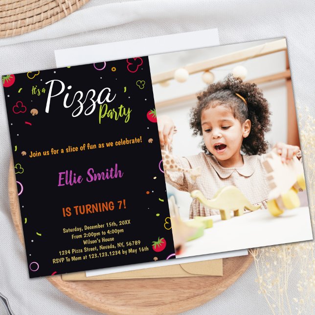 Black Pizza Birthday Invitations with Photo (Black Pizza Birthday Invitations with photo)