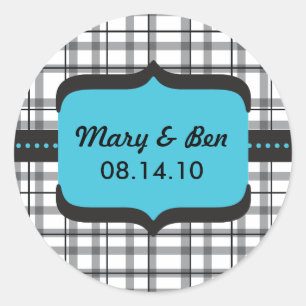 Black Plaid and Blue Wedding Monogram Classic Round Sticker