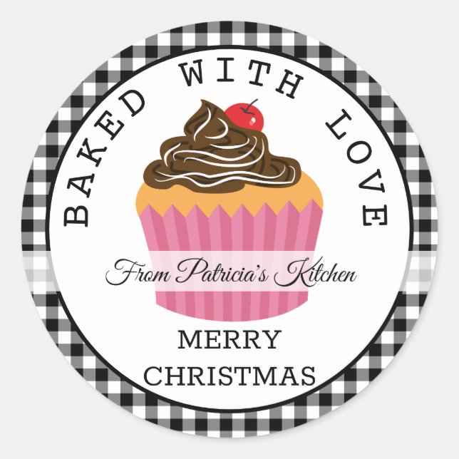 Black Plaid Baked With Love Christmas Cupcakes Classic Round Sticker (Front)