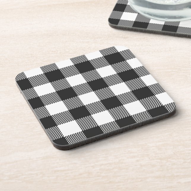 Black Plaid Buffalo Check Pattern Coaster (Left Side)