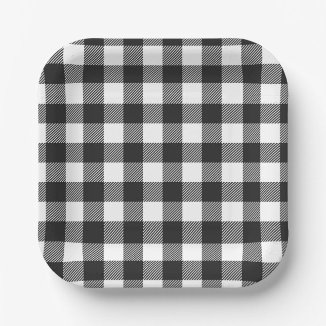 Black Plaid Buffalo Check Pattern Paper Plate (Front)