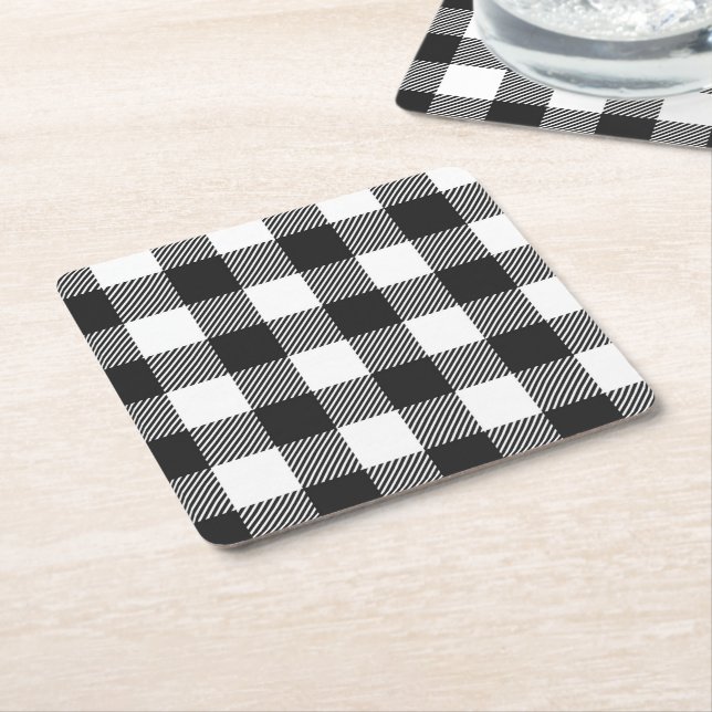 Black Plaid Buffalo Check Pattern Square Paper Coaster (Angled)