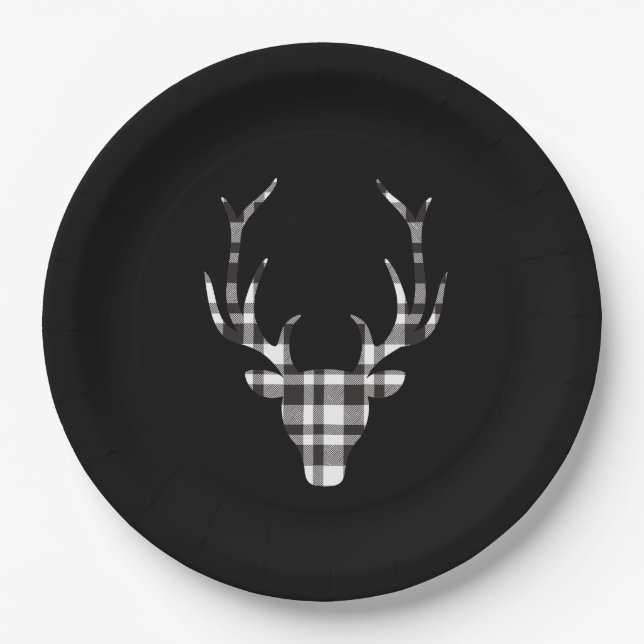 Black Plaid Check Deer Christmas Paper Plates (Front)