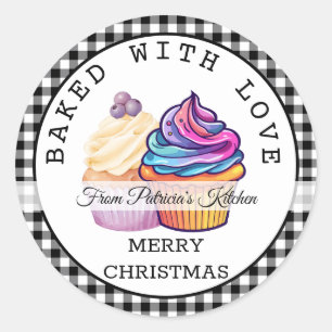 Black Plaid Christmas Baked With Love Cupcake  Classic Round Sticker