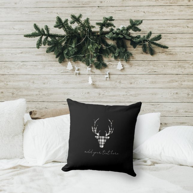 Black Plaid Deer Christmas Throw Pillow (rustic elegant personalized christmas throw pillow. black plaid deer design)