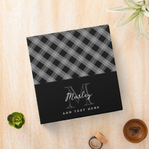 Black Plaid Grey Monogram & Name Binder