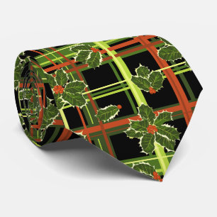 Black Plaid Holly Berries Christmas Tie