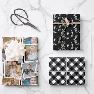 Black Plaid Monogram and Photo Collage Wrapping Paper Sheet