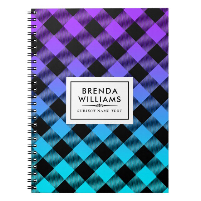Black plaid pattern on  purple and turquoise ombre notebook (Front)