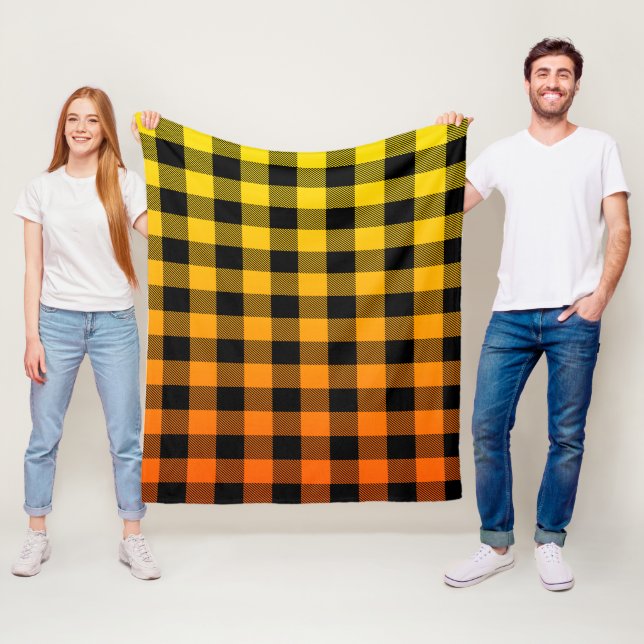 Black plaid pattern yellow to orange ombre fleece blanket (In Situ)