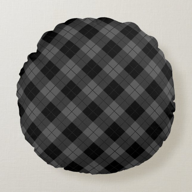 Black Plaid Round Pillow (Front)