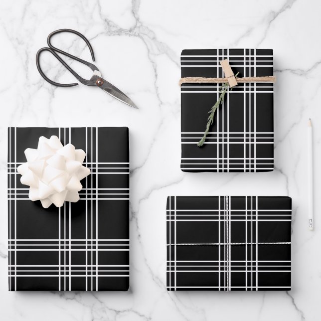 Black Plaid Tartan Wrapping Paper Sheet (Front)