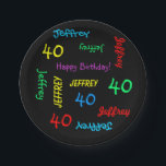 Black Plates, 40th Birthday Party, Repeating Names Paper Plate<br><div class="desc">What a wonderful, personalized paper plate for a 40th birthday party or any other occasion. Name and Age repeat in different fonts and primary colours on a black background. Easy to personalize - just CHANGE NAME, AGE, and OCCASION in ONE PLACE. Supports name up to 9 characters. A colourful and...</div>