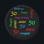 Black Plates, 50th Birthday Party, Repeating Names Paper Plate<br><div class="desc">What a wonderful, personalized paper plate for a 50th birthday party or any other occasion. Name and Age repeat in different fonts and primary colours on a black background. Easy to personalize - just CHANGE NAME, AGE, and OCCASION in ONE PLACE. Supports name up to 9 characters. A colourful and...</div>