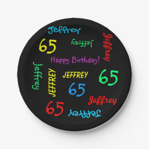 Black Plates, 65th Birthday Party, Repeating Names Paper Plate