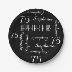 Black Plates, 75th Birthday Party Repeating Names Paper Plate